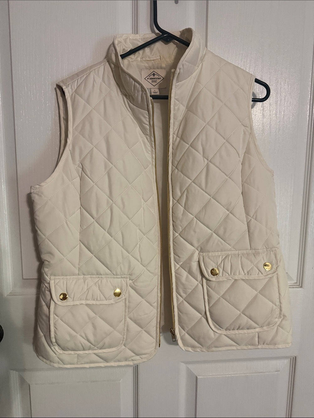 St. John's Bay ladies Cream Quilted Vest with Gold Buttons. 100% polyester